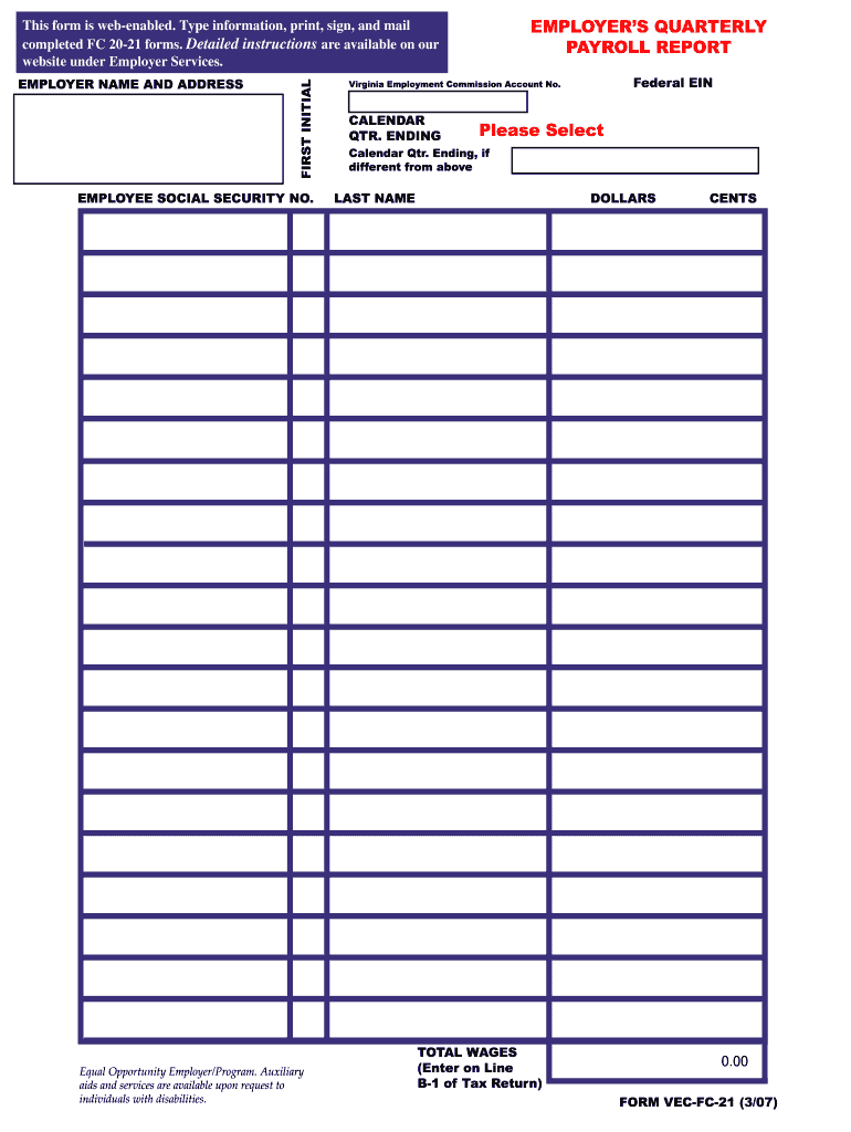  Employer&#39;s Quarterly Payroll Report Virginia Employment Vec Virginia 2007