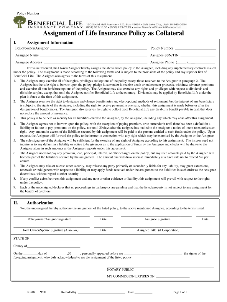  Assignment Form of Life Insurance Prudential 2000