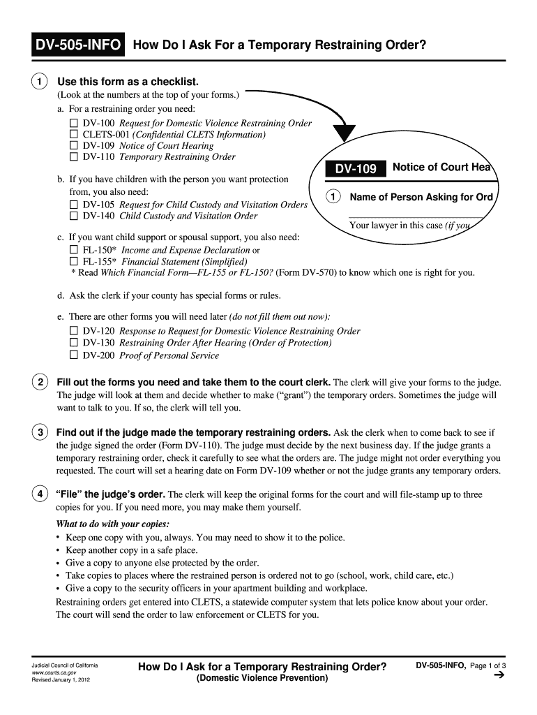  DV 505 INFO How Do I Ask for a Temporary Restraining Order? Judicial Council Forms Courts Ca 2016