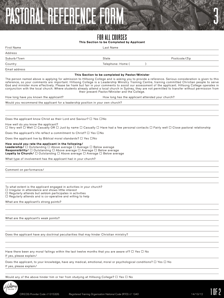  Filling Pastoral Reference Form Hillsong Online 2012