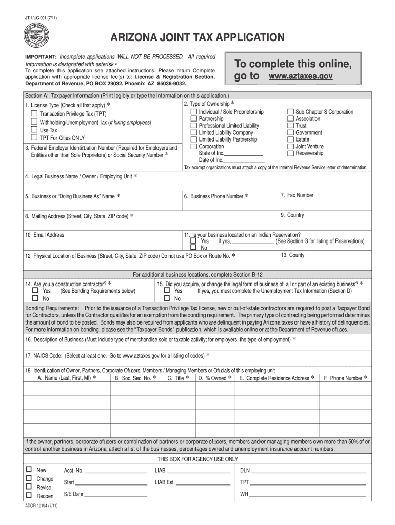 Get and Sign Arizona Joint Tax Application Form 2019-2022
