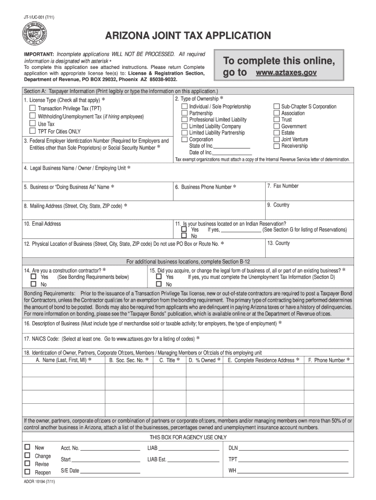  Arizona Joint Tax Application Form 2019