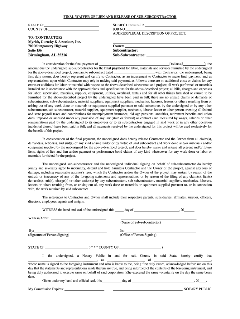 Final Waiver of Lien and Release of Sub Subcontractor  Form