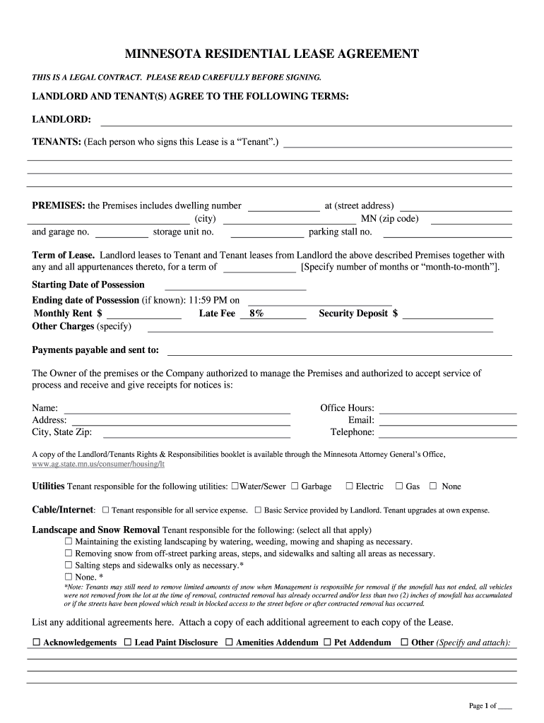 MINNESOTA RESIDENTIAL LEASE AGREEMENT RentMSU  Form