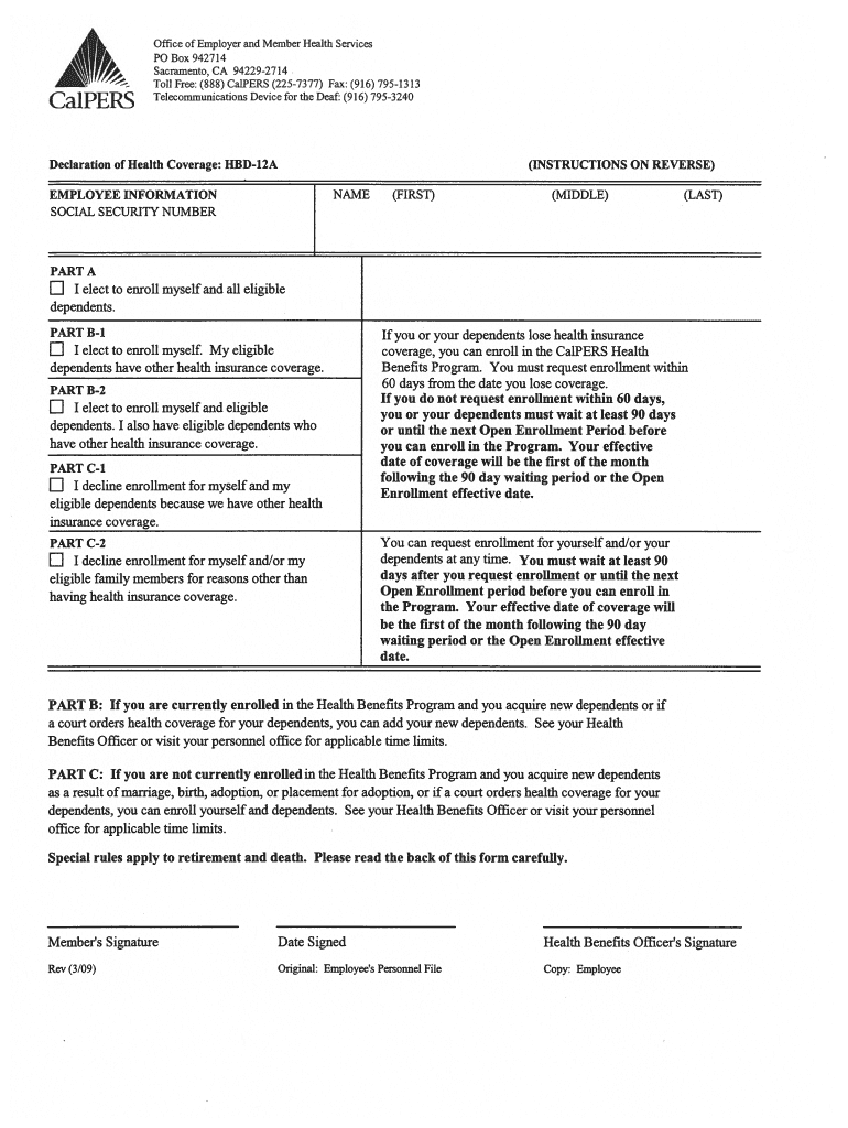  Declaration of Health Coverage HBD 12A  Calpers Ca 2009