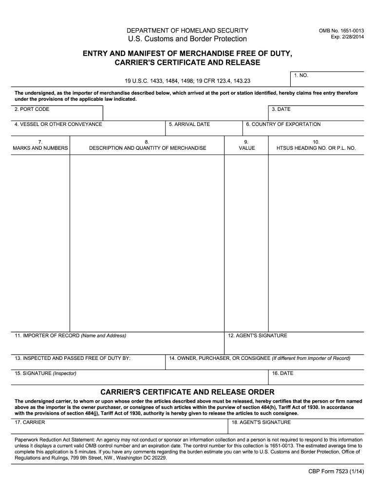  Cbp Form 7523 2014