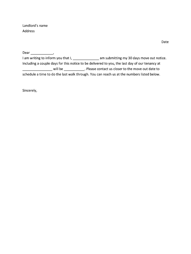 Friendly 30 Day Notice to Landlord  Form