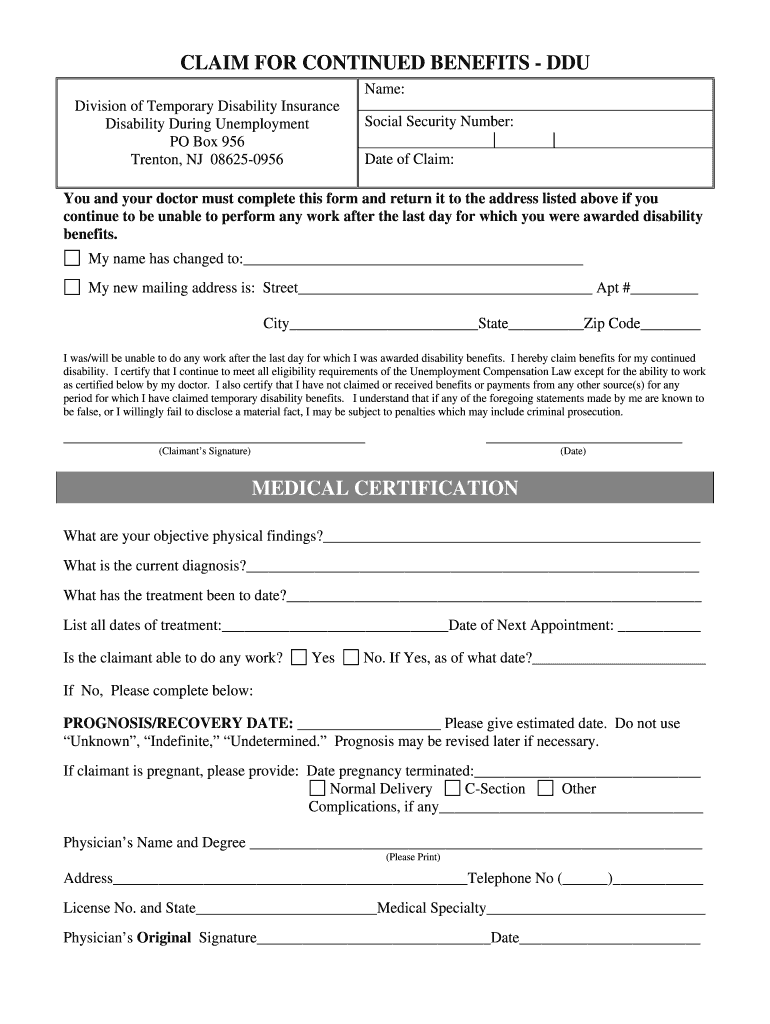 Nj Continued Benefits  Form