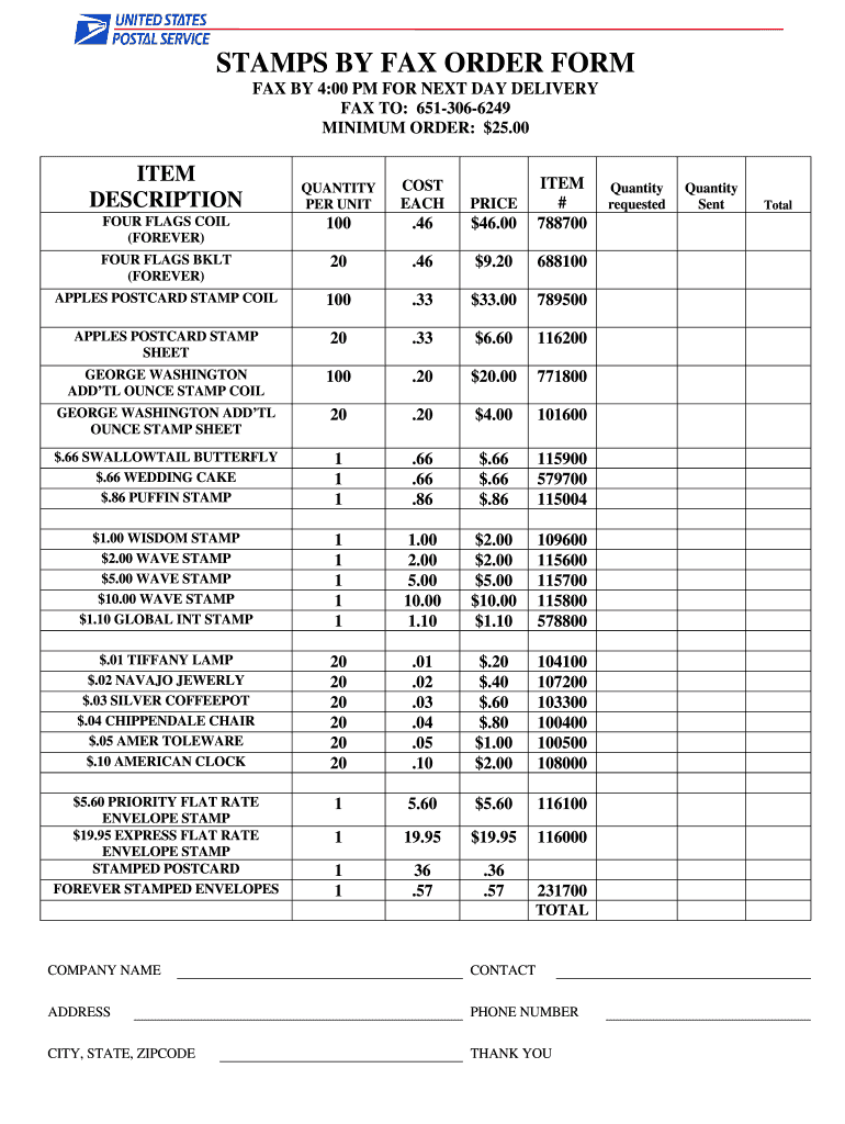 Stamps by Fax Order Form