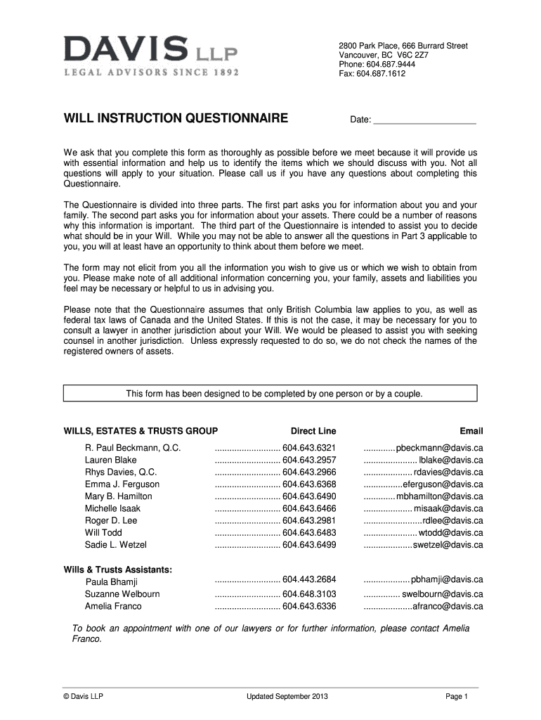  Will Instruction Questionnaire  Davis LLP  Davis 2013-2024