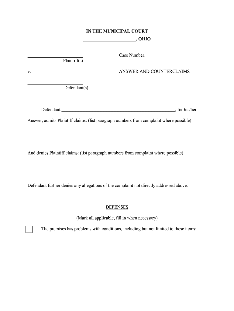 Answer and Counterclaim Form Ohio Circleville