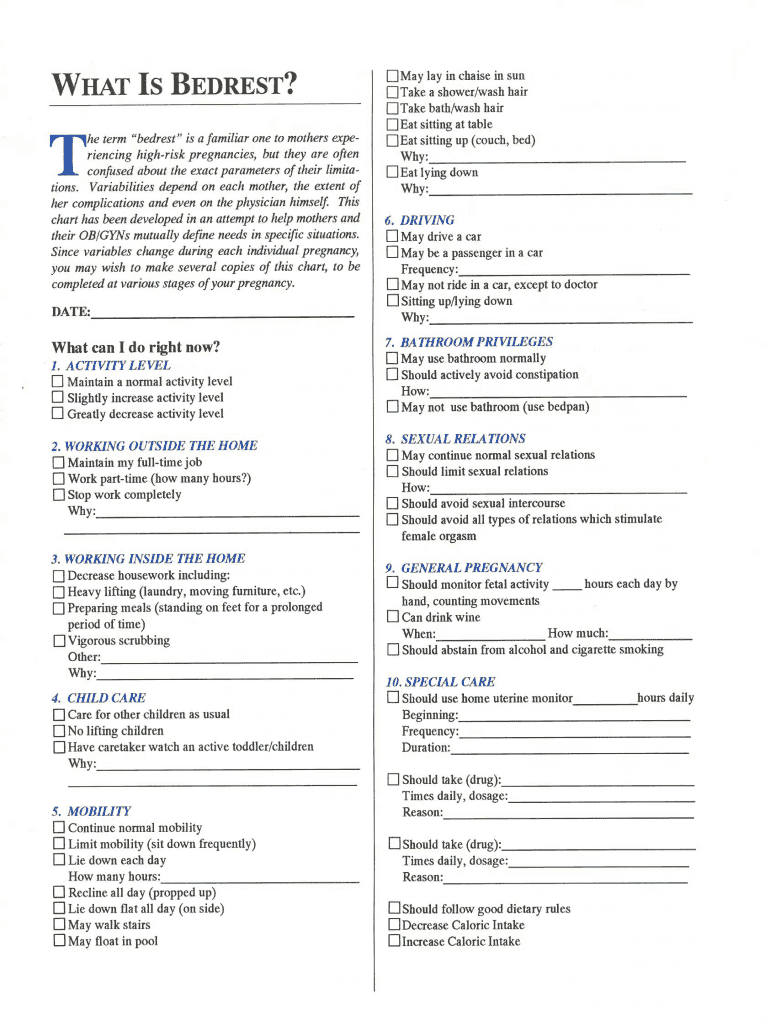 Bedrest Checklist  Sidelines  Form