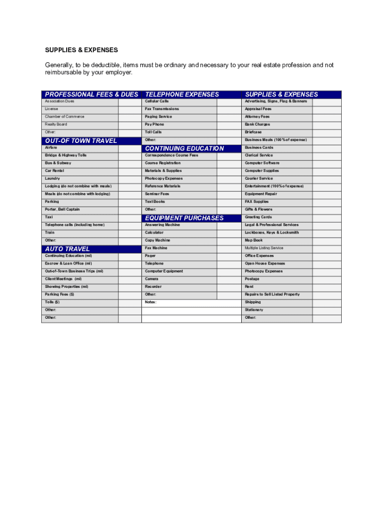 Real Estate Agent Tax Deductions Worksheet  Form