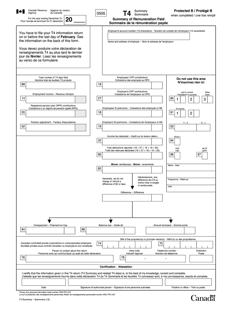  T4 Summary Fillable  Form 2013