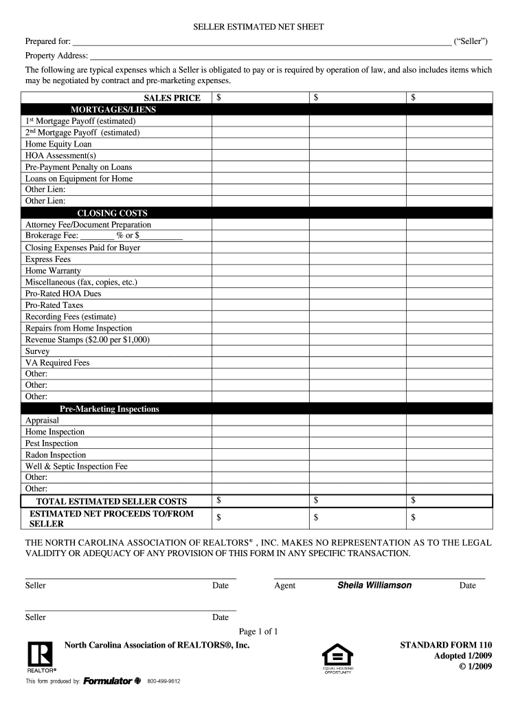 Seller Net Sheet Nc  Form