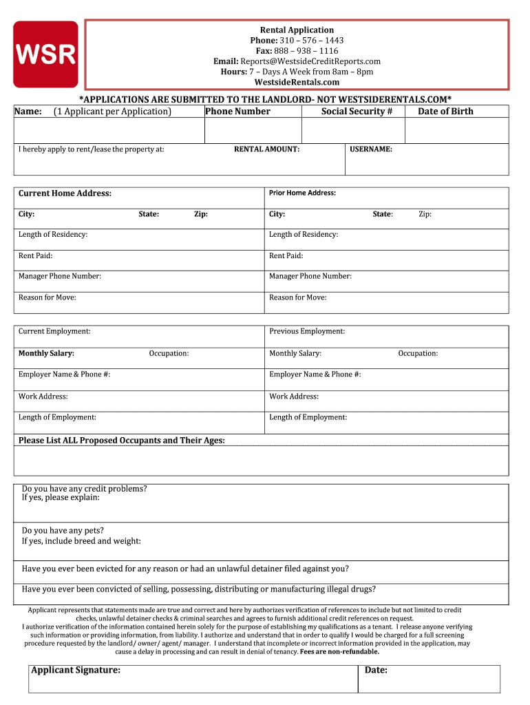 Westside Rentals Application  Form