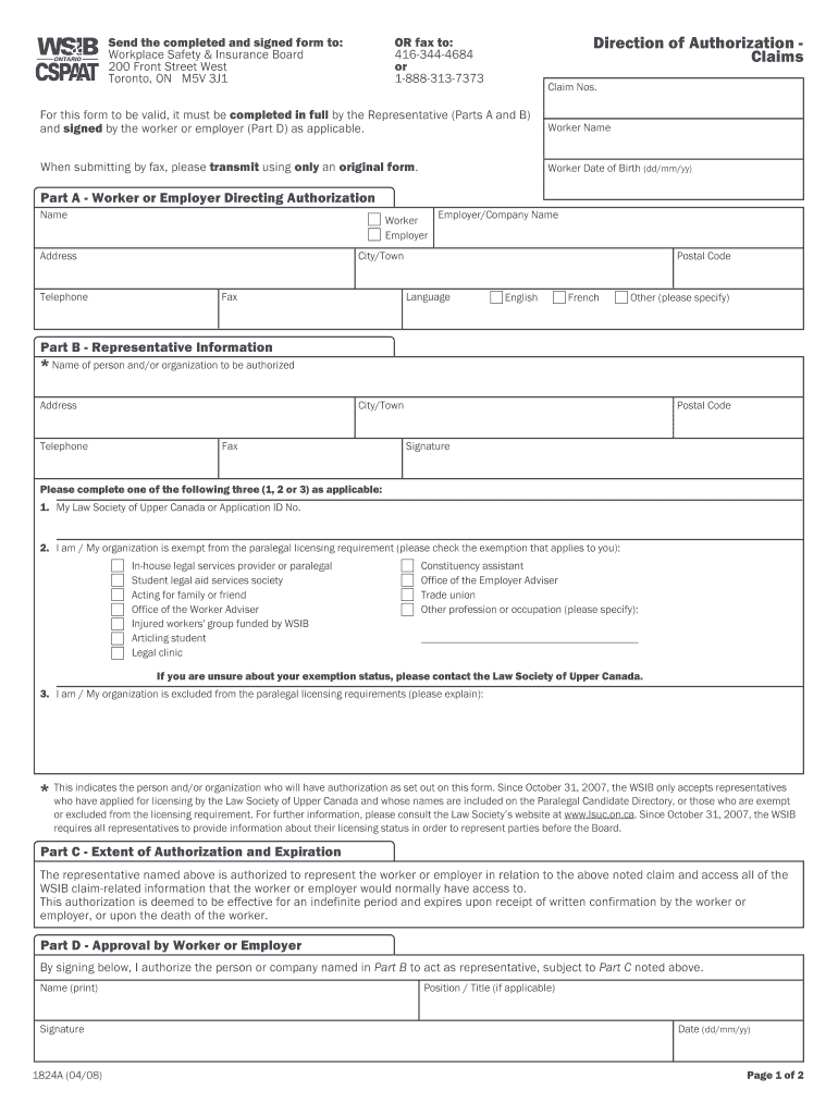 Wsib Direction of Authorization  Form