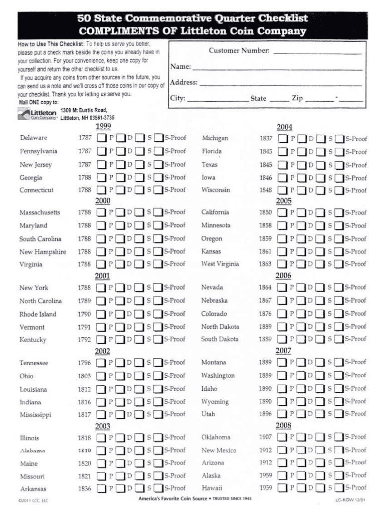 State Quarters Checklist  Form