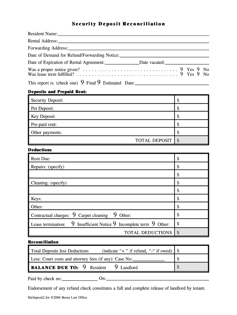 Security Deposit Reconciliation  Beran Law  Form