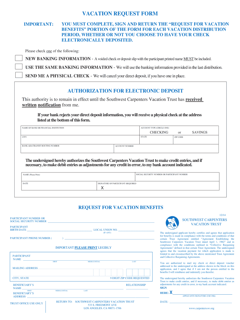 Southwest Carpenters Vacation Request Form