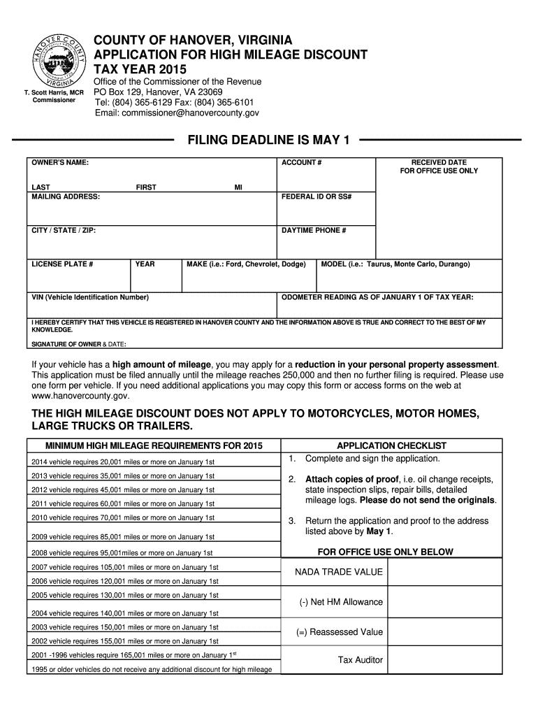  High Mileage Discount Application Form  Hanover County 2015