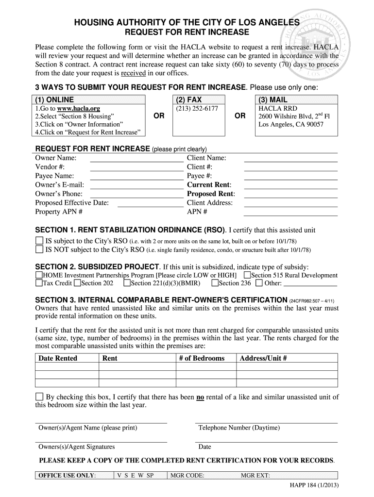 Get and Sign Section 8 Rent Increase Form Los Angeles 2013-2022