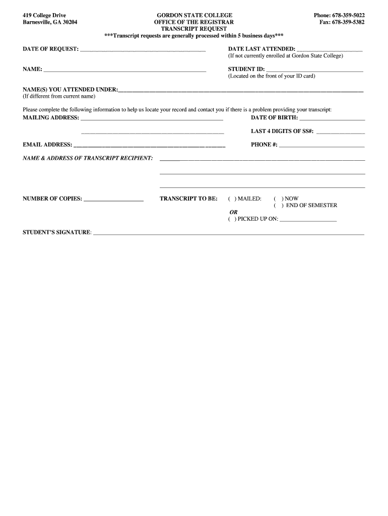 Gordon State College Transcript Request  Form