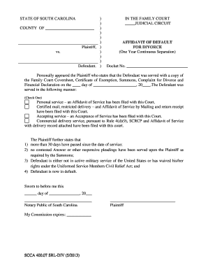 Affidavit of Default for Divorce Sccourts  Form