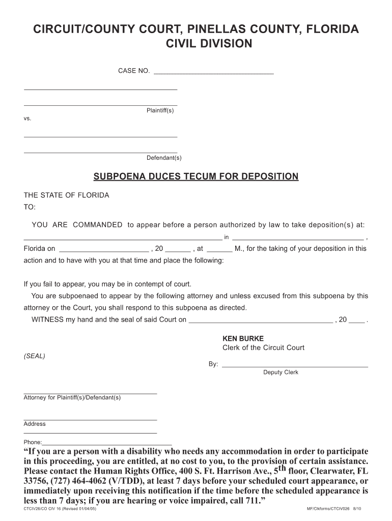  Subpoena for Deposition in Pinellas County Fl 2010-2024