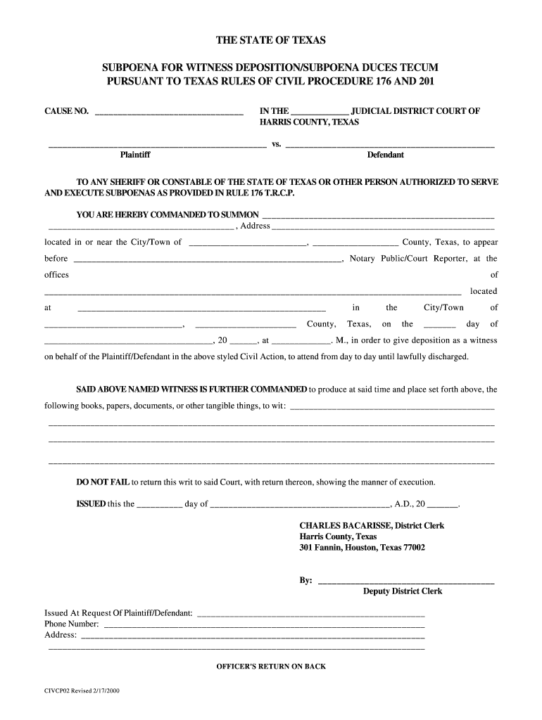 The STATE of TEXAS SUBPOENA for WITNESS Forms