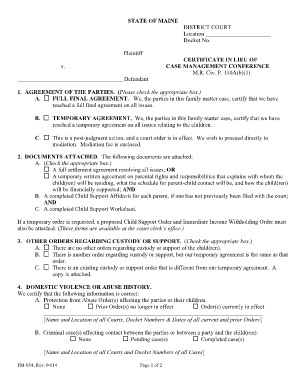 FM 054, Cert in Lieu of Case Mgmt, Rev 0414 Courts State Me  Form