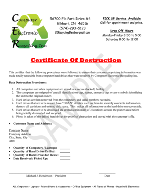 Certificate of Destruction Computer Electronic Recycling Inc  Form
