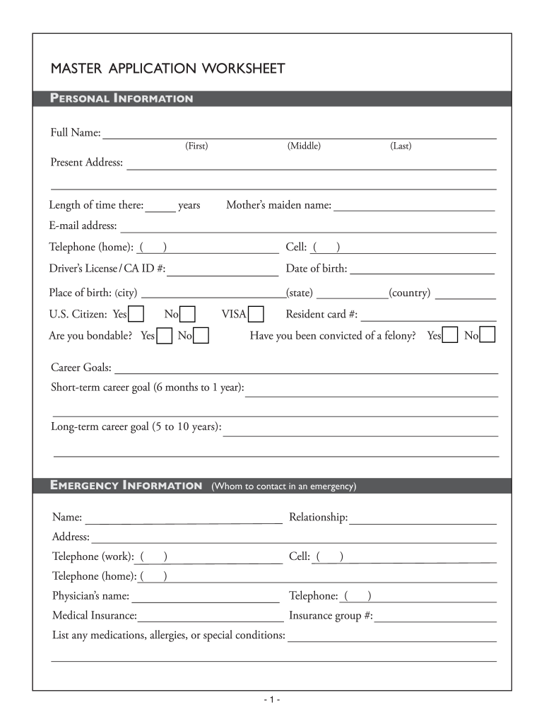 Application Worksheet  Form