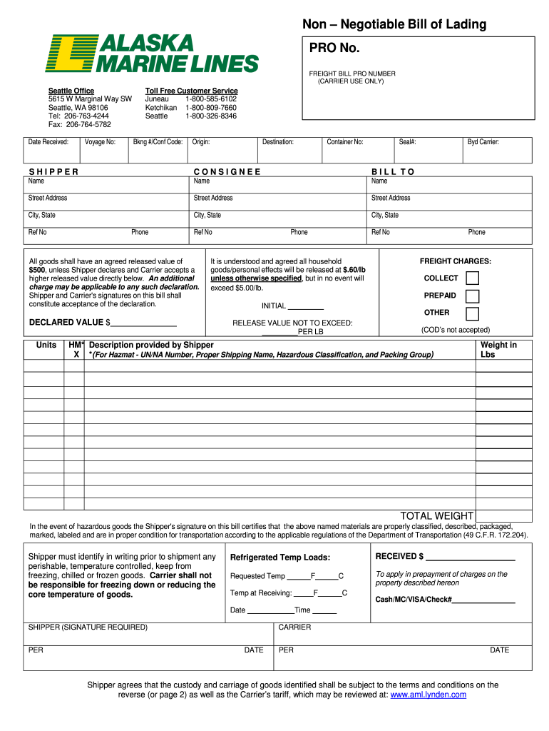 Alaska Marine Lines Dill of Lading  Form