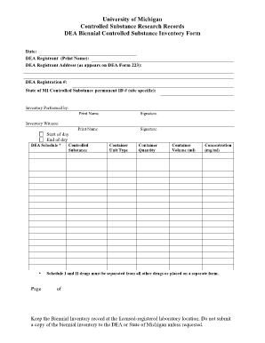 Controlled Substance Inventory Sheet  Form