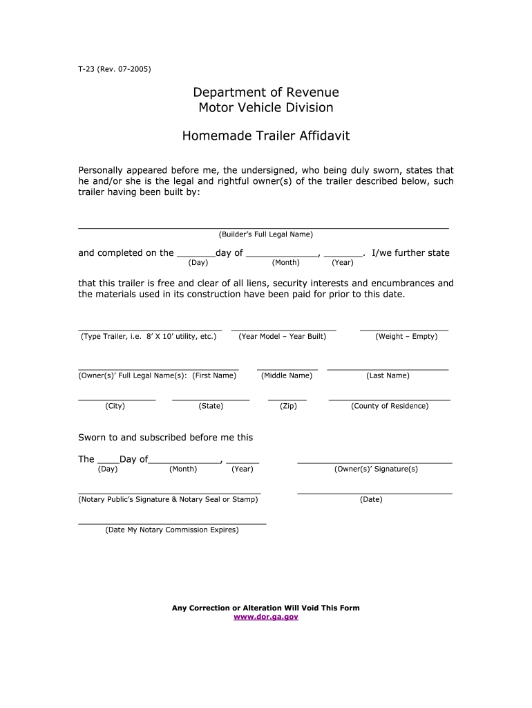  07 Department of Revenue Motor Vehicle Division Homemade Trailer Affidavit Personally Appeared Before Me, the Undersigned, Who B 2005