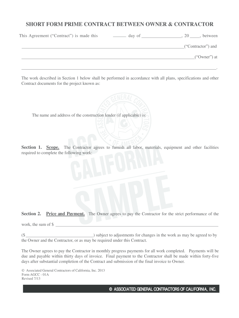 Short Form Contract between Owner and Contractor