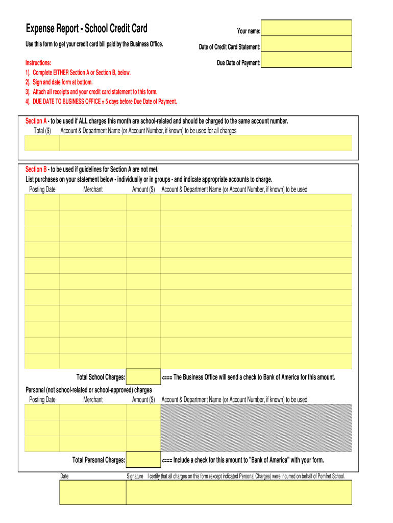 Credit Card Expense Report Pomfret School  Form