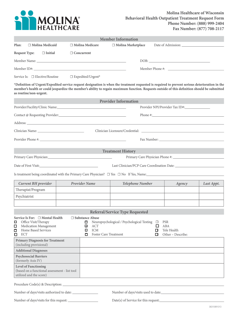  Behavioral Health Outpatient Treatment Request Form  Molina 2013-2024