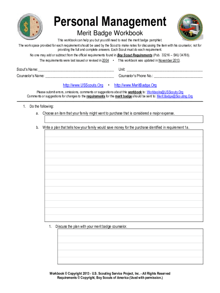 Personal Management Merit Badge Workbook  Form