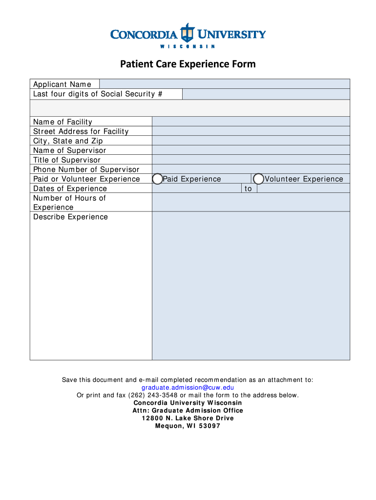 Patient Care Experience Form  Concordia University Wisconsin  Cuw