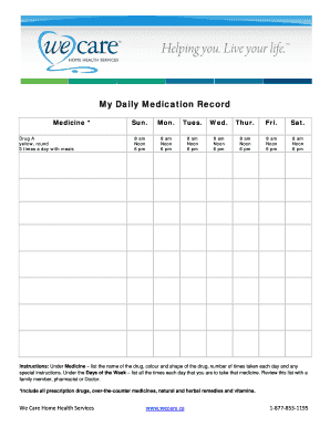 My Daily Medication Record We Care Home Health Services  Form