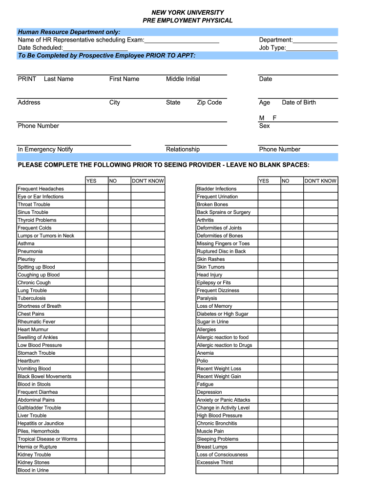 Generic Pre Employment Physical Form PDF