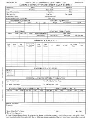 Asphalt Roadway Inspector&#039;s Daily Report Connect NCDOT North  Form