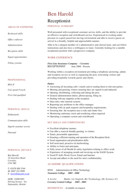 Receptionist Cv Template Word  Form