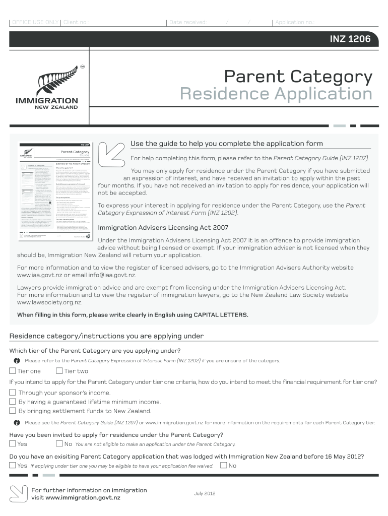 Get and Sign Residence Application INZ 1000  Immigration New Zealand 2012 Form