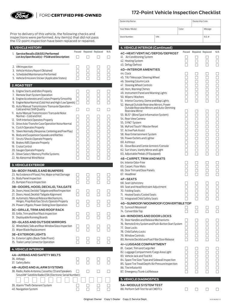 Used Car Inspection Checklist Form