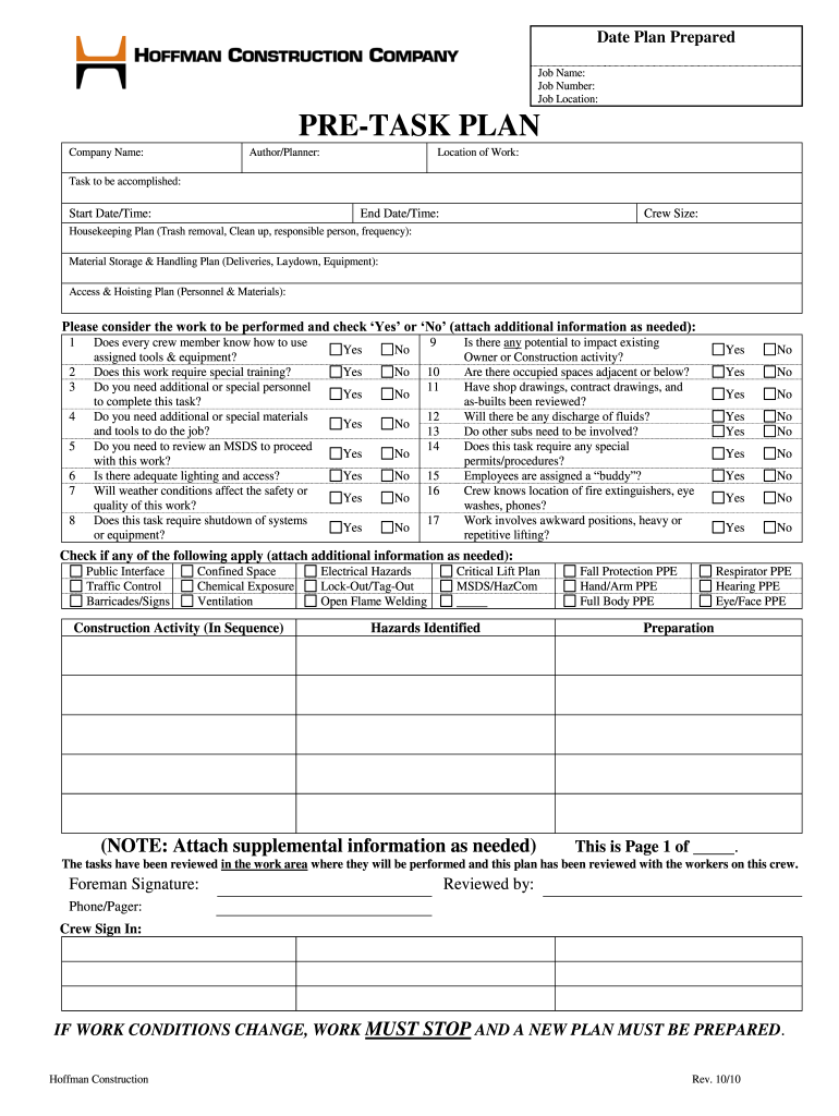  Pre Task Meeting Forms 2010-2024