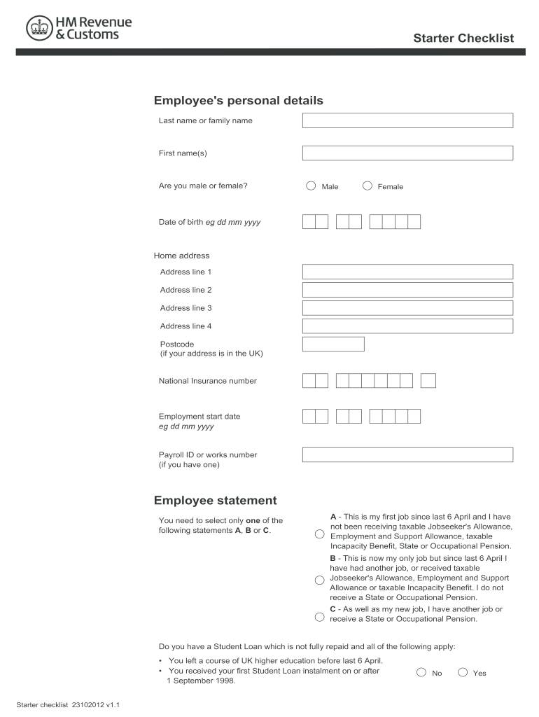  Hm Revenue Starter Checklist Sample Form 2012