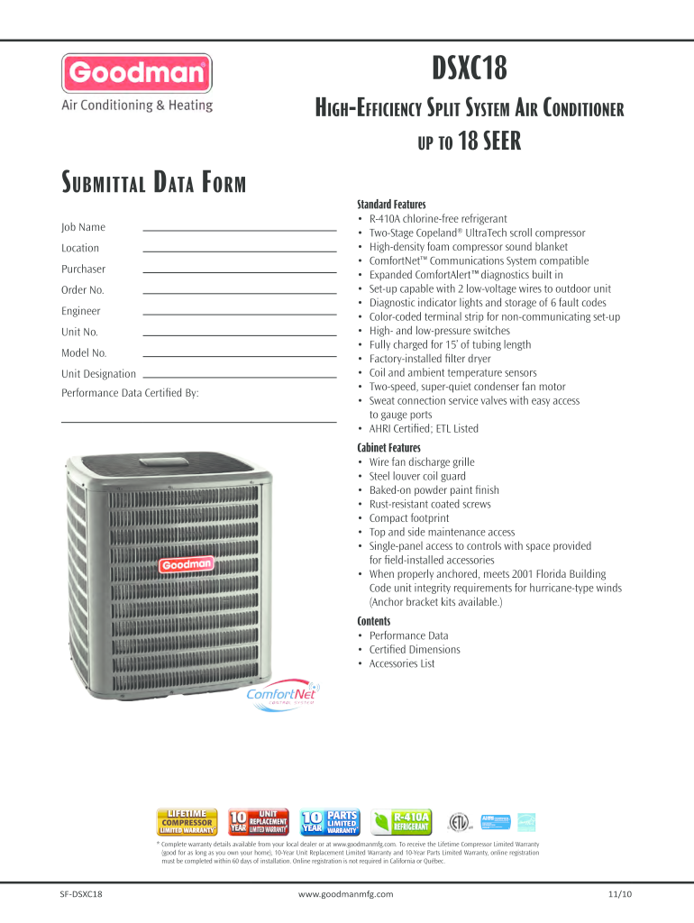 Goodman DSXC18 Air Conditioner Submittal  EComfort Com  Form